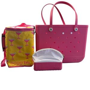 BOGG BAG  Lg Tote Bag Pink W/ White Buttons, Cooler,  2 Clear Inserts, Acces Bag
